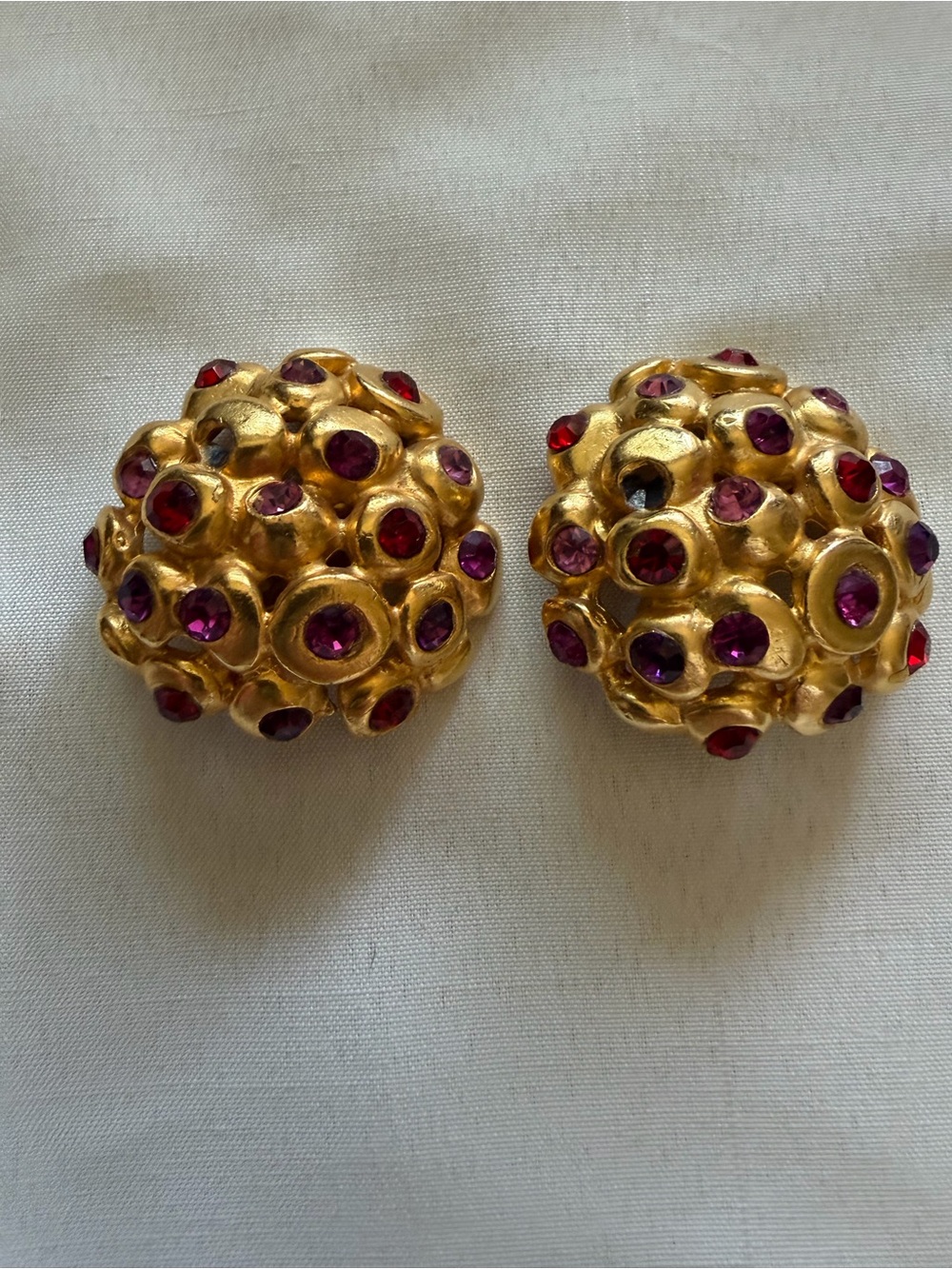 Vintage Gold-Tone Cluster Clip Earrings with Purple and Red Stones